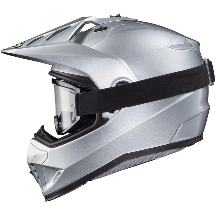 HJC DS-X1 Helmet Silver - Left Side View with Goggles instead of Faceshield