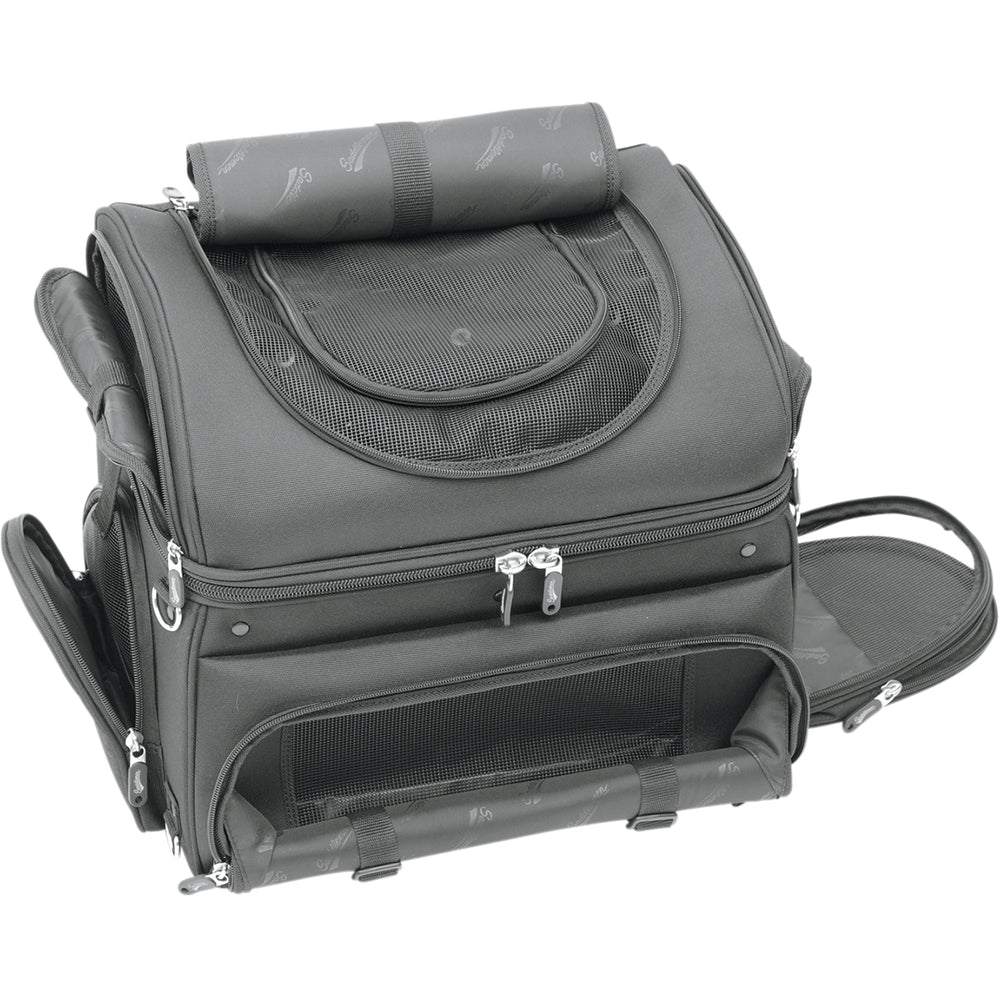 SADDLEMEN Pet Voyager - Angled Front View with Side Pockets Open and Top Flap Rolled Back