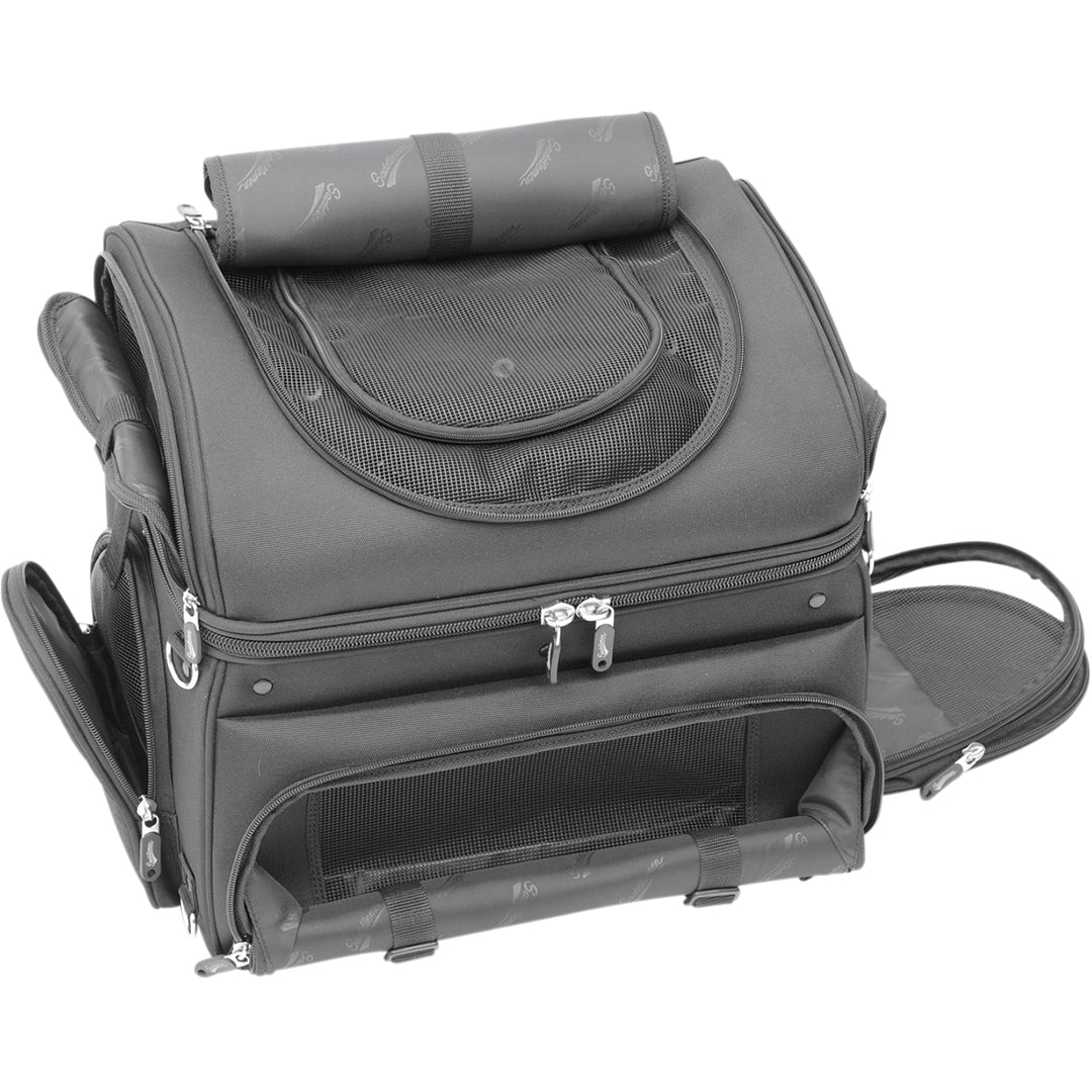 SADDLEMEN Pet Voyager - Angled Front View with Side Pockets Open and Top Flap Rolled Back