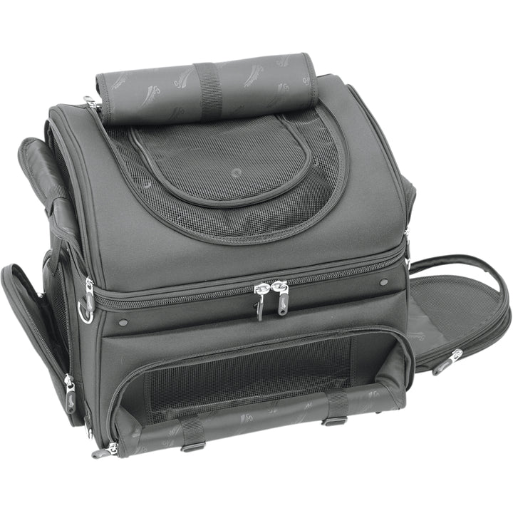 SADDLEMEN Pet Voyager - Angled Front View with Side Pockets Open and Top Flap Rolled Back