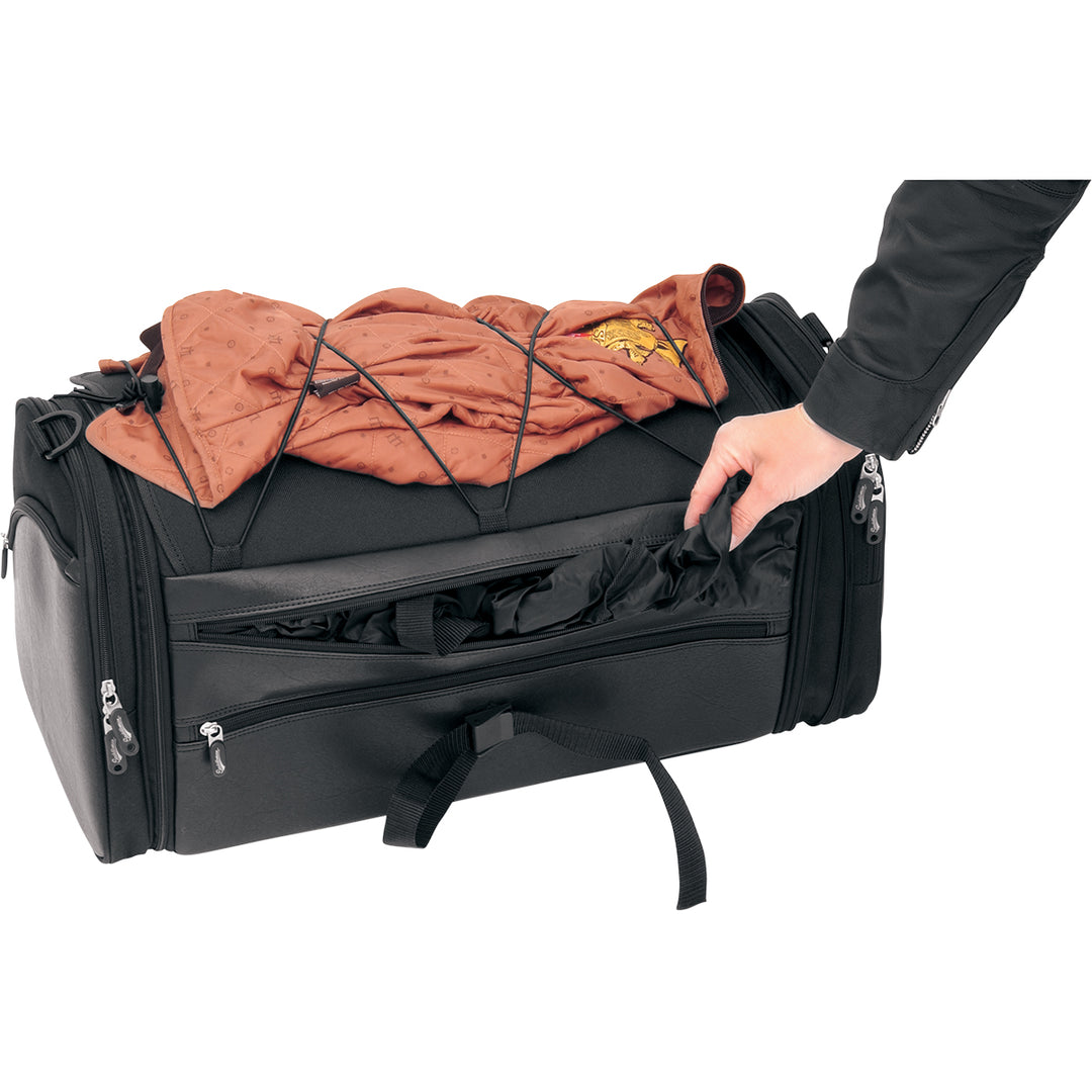 SADDLEMEN TR3300DE Deluxe Rack Bag - Rear View with Model Pulling Out Rain Cover
