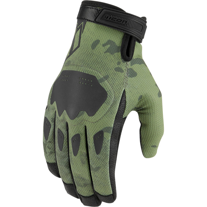 ICON Hooligan CE Gloves Green Camo - Back of Hand View