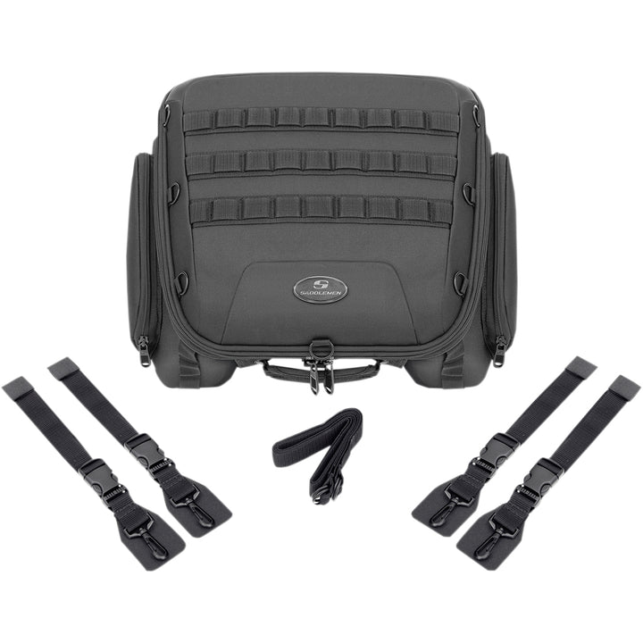 SADDLEMEN TS1620R Tactical Tail Bag - Top View with Extra Straps Displayed