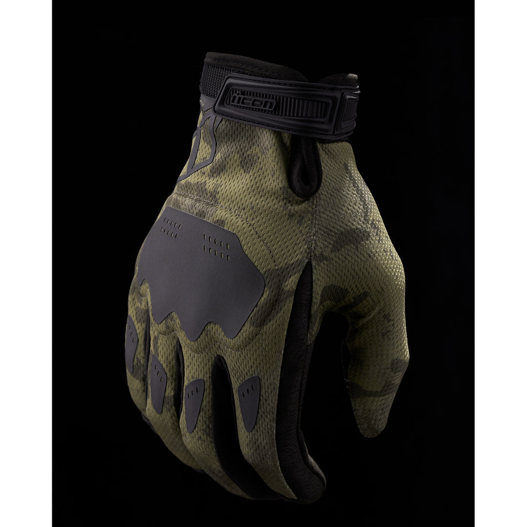 ICON Hooligan CE Gloves Tan Camo - Back of Hand View