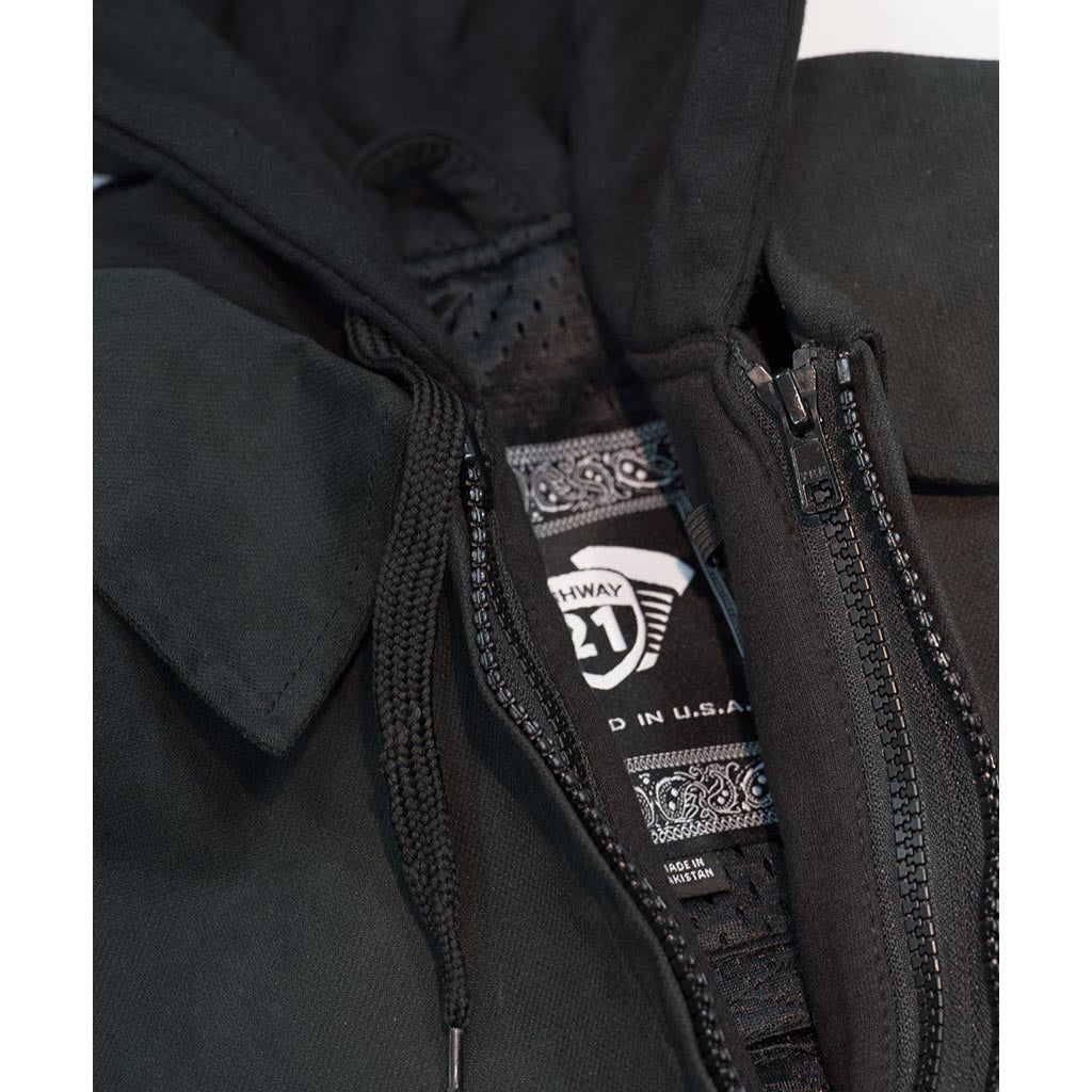 Highway 21 Gearhead Jacket Black - Close-Up of Unzipped Front Zipper