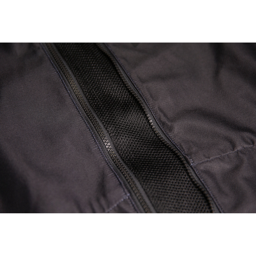 ICON Airform Jacket Black - Close-Up of Expanded Mesh in Unzipped Front Zipper at Midsection
