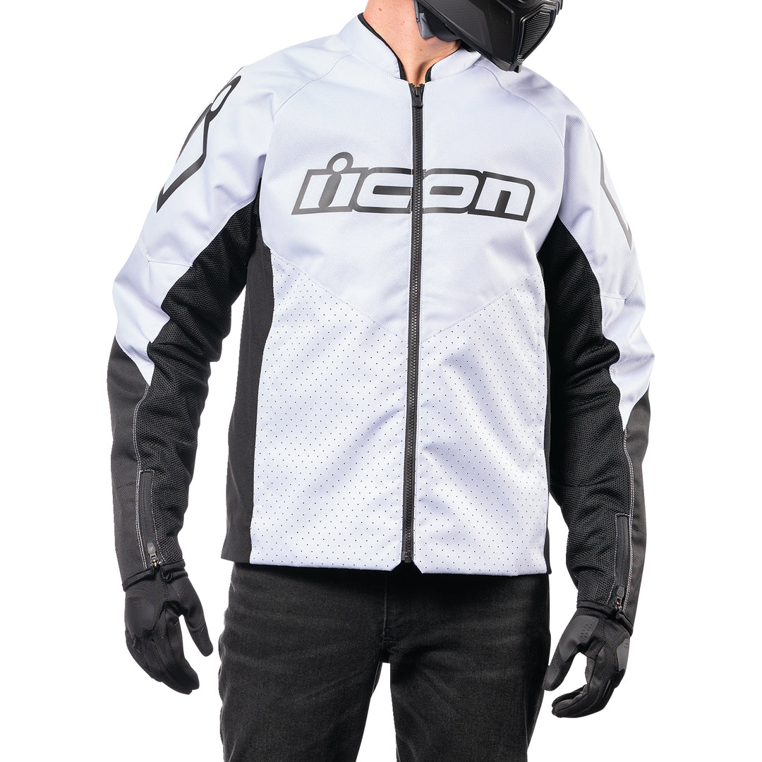 ICON Hooligan™ CE Jacket White - Front View with Model Posing in Jacket