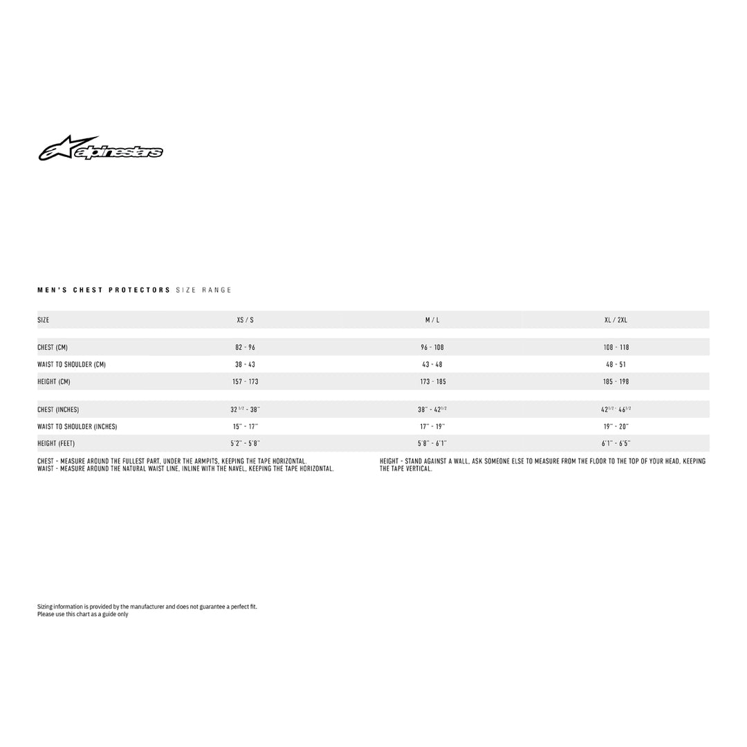 Alpinestars Bionic Action Chest Protector - Size Chart