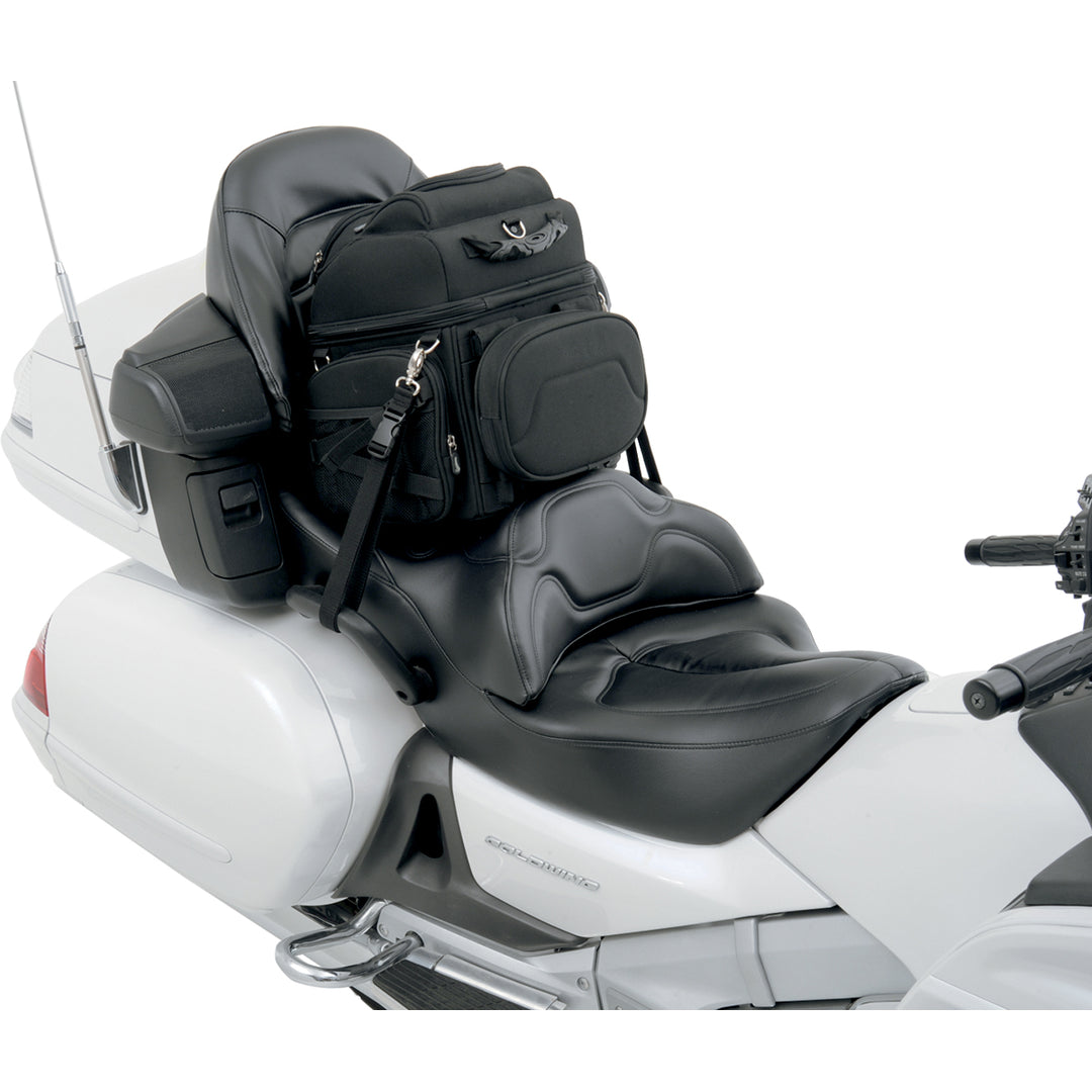 SADDLEMEN BR1800EX Combination Backrest, Seat, and Sissy Bar Bag - Angled Side View of Bag Strapped into Passenger Seat of Motorcycle