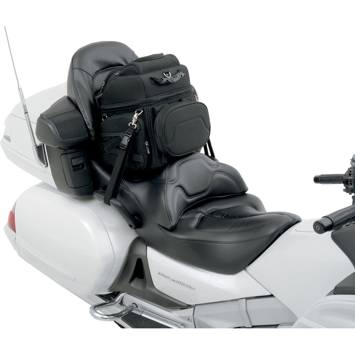 SADDLEMEN BR1800EX Combination Backrest, Seat, and Sissy Bar Bag - Angled Side View of Bag Strapped into Passenger Seat of Motorcycle