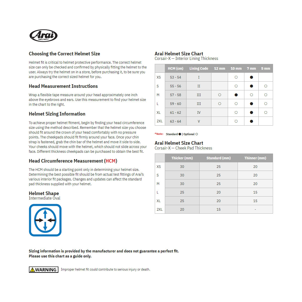 Arai Corsair-X Hayden Laguna Helmet - Size Guide