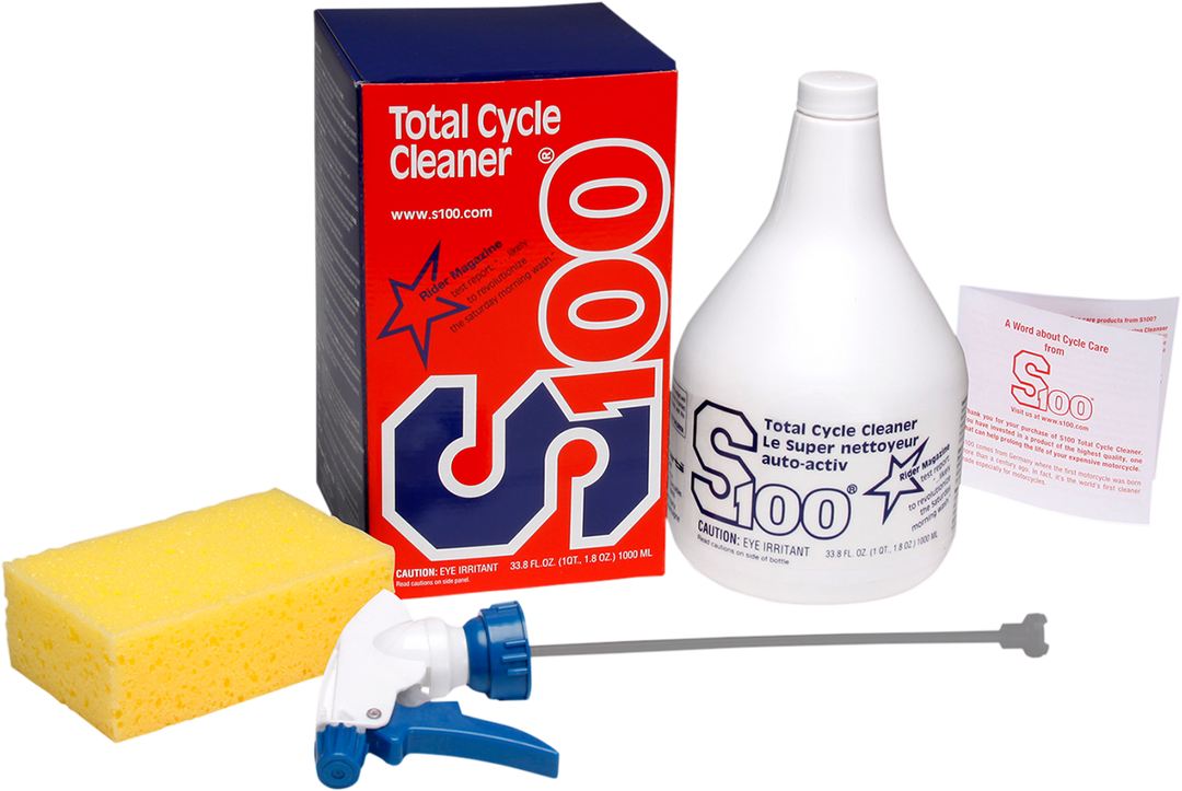 S100 Cleaner Deluxe Kit - 1 liter Front View of Package with Bottle, Sprayer, Sponge, and Pamphlet Displayed Around It