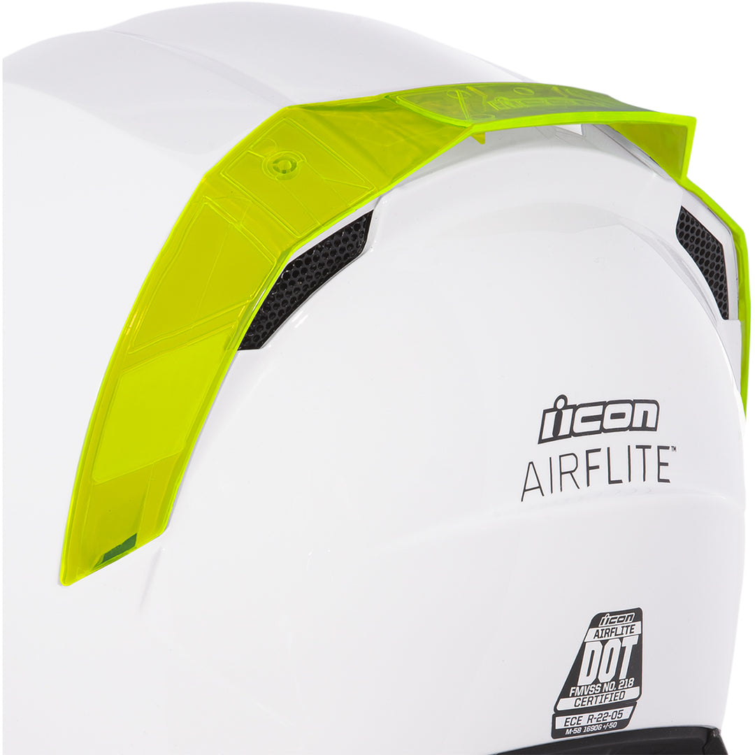 ICON Airflite™ Helmet Rear Spoiler Dayglo Green - Rear Side View of Spoiler Installed on White Helmet