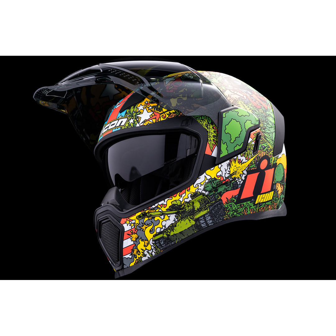 ICON Airflite™ GP23 Helmet Green - Front Left Side View with Dark Studio Background, Faceshield Raised and Drop Down Sun Visor Lowered