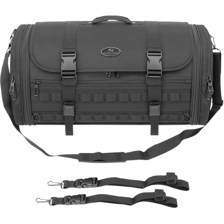 SADDLEMEN TR3300 Tactical Deluxe Rack Bag - Front View with Extra Straps Displayed