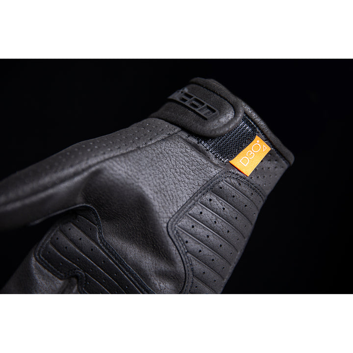 ICON Airform™ CE Gloves Black - Close-Up of Wrist Strap and D3O Tag
