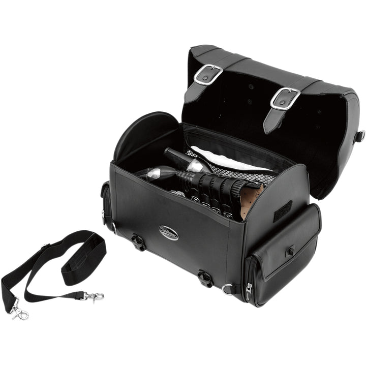 SADDLEMEN Drifter™ Express Tail Bag - Front Side View with Lid Open, Showing Gear Packed Inside, and Display of Extra Strap