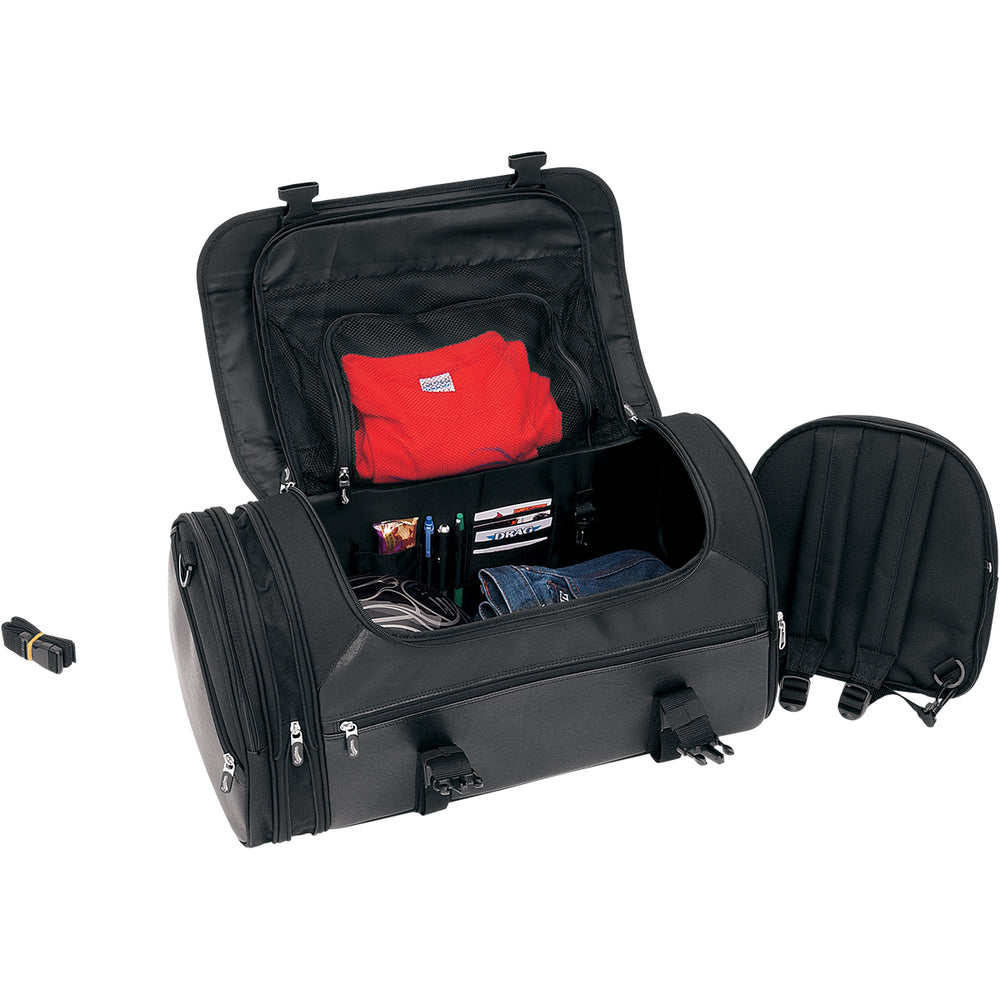 SADDLEMEN TR3300DE Deluxe Rack Bag - Front View with Top Lid Open, Showing Gear Packed Inside