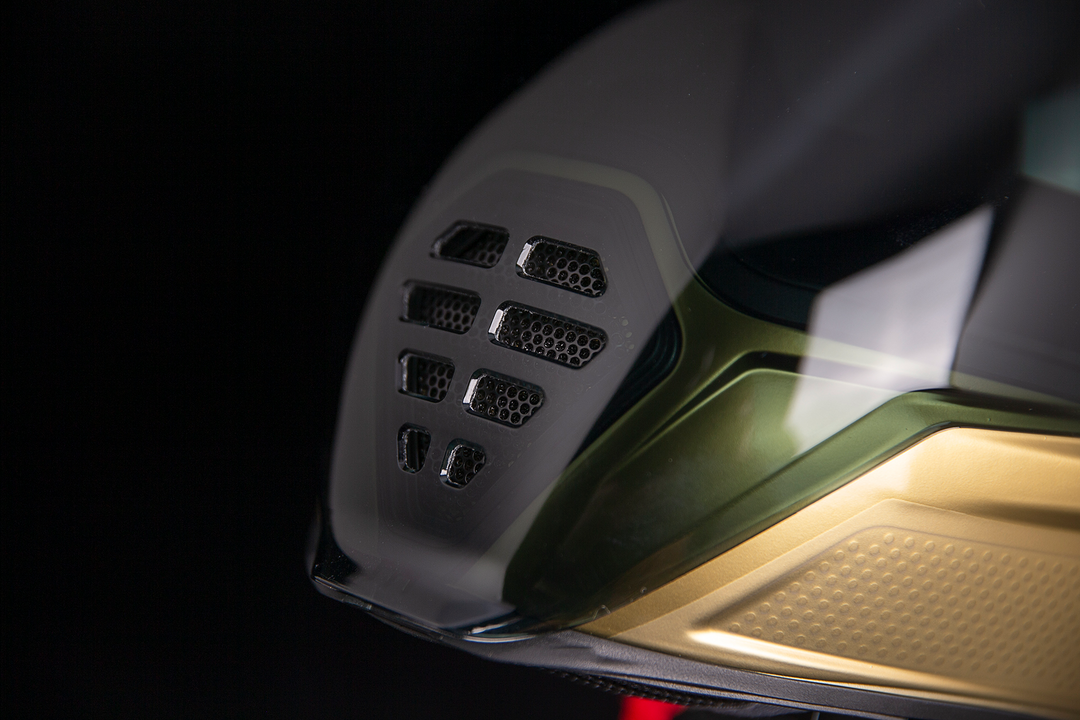 ICON Airflite Jewel MIPS Full Face Motorcycle Helmet Gold - Close-Up of Mouth Vent in Faceshield