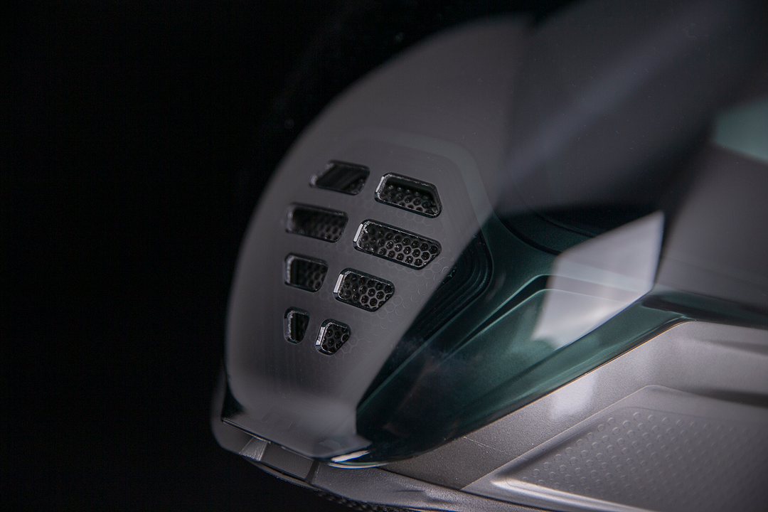 ICON Airflite Jewel MIPS Full Face Motorcycle Helmet Silver - Close-Up of Mouth Vent in Faceshield