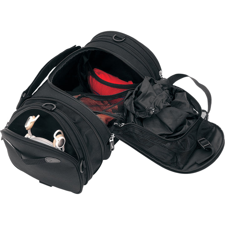 SADDLEMEN R1300LXE Deluxe Roll Bag - Angled Top View with Mid Section and Side Pocket Opened to Show Gear Packed Inside