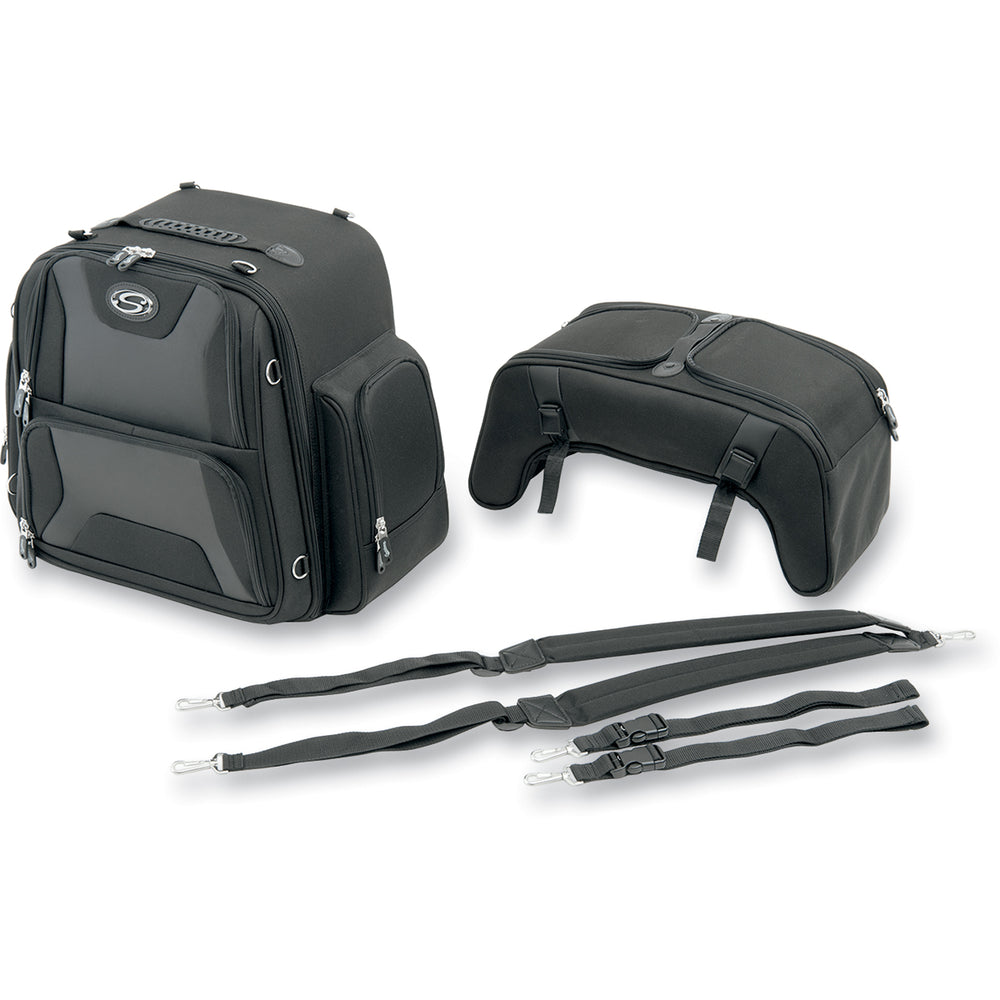 SADDLEMEN FTB3600 Sport Sissy Bar and Combo Bag - Front View with Top Pockets Detached and Display of Extra Straps