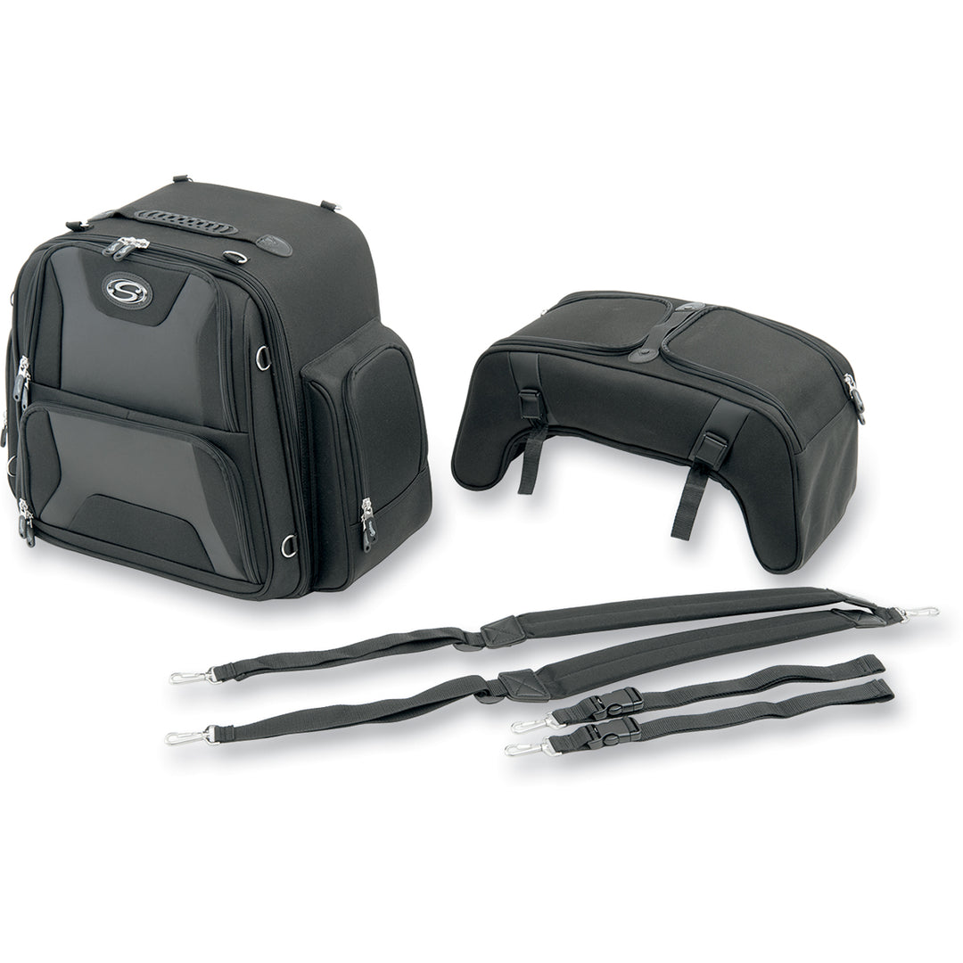 SADDLEMEN FTB3600 Sport Sissy Bar and Combo Bag - Front View with Top Pockets Detached and Display of Extra Straps