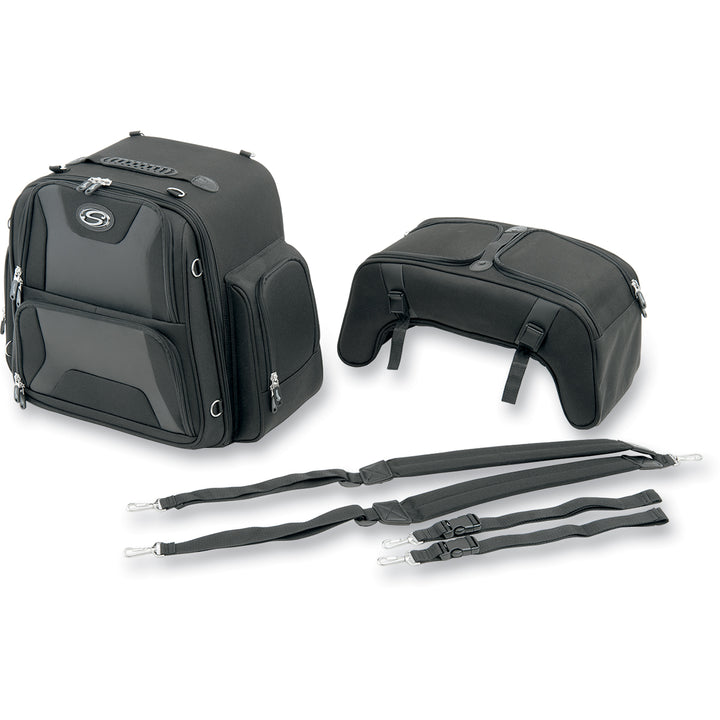 SADDLEMEN FTB3600 Sport Sissy Bar and Combo Bag - Front View with Top Pockets Detached and Display of Extra Straps