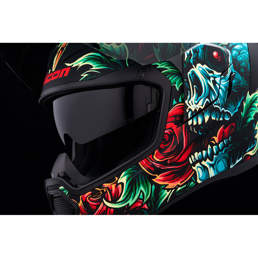 ICON Airflite™ Omnicrux MIPS® Helmet Black - Close-Up of Viewport with Faceshield Raised and Drop Down Sun Visor Lowered