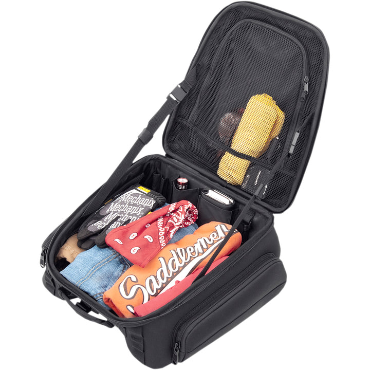 SADDLEMEN TS1450R Tactical Tunnel Bag - Angled Top View with Lid Open, Showing Gear Packed Inside