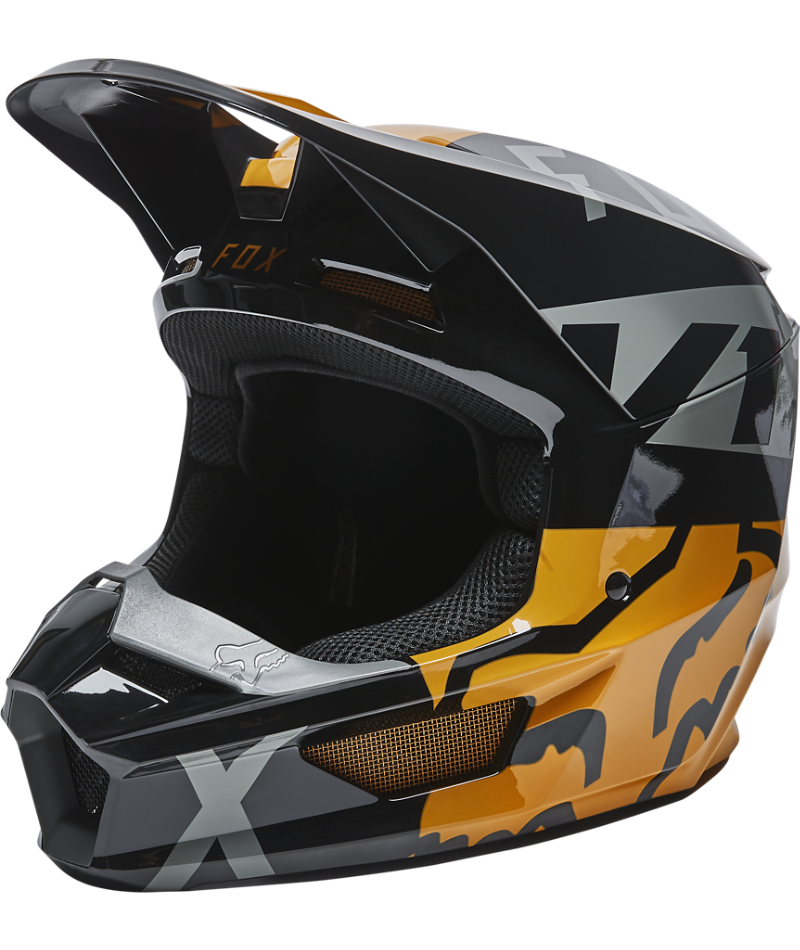 Fox Racing V1 Skew Off Road Helmet Black/Gold - Front Left Side View