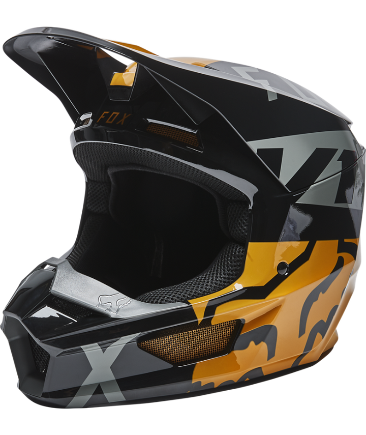 Fox Racing V1 Skew Off Road Helmet Black/Gold - Front Left Side View