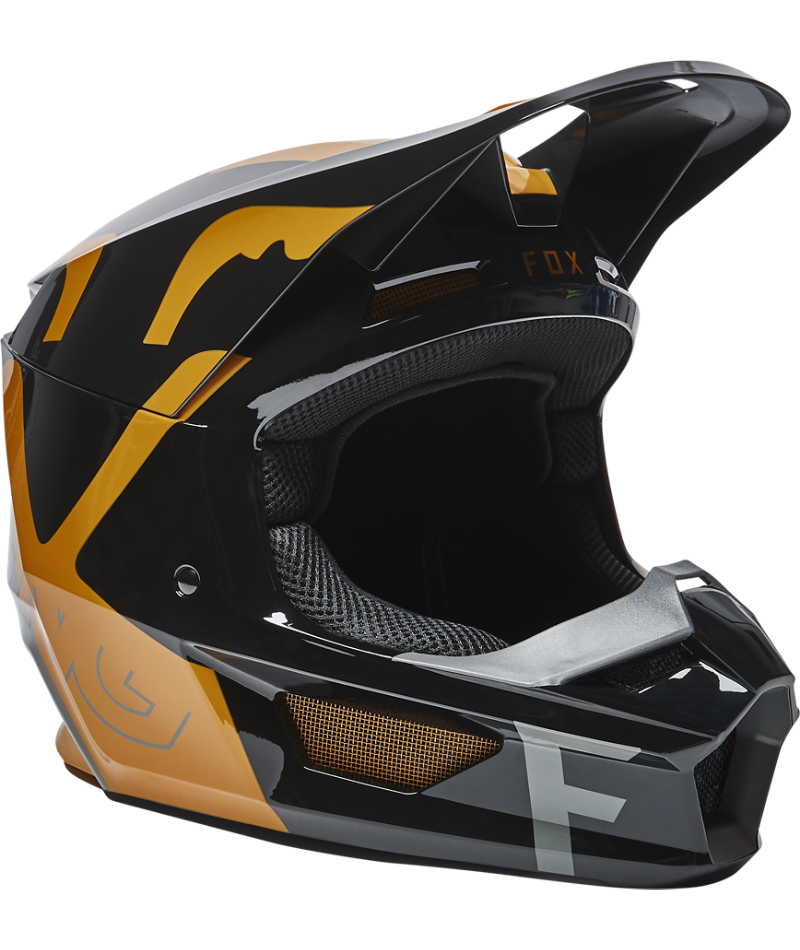 Fox Racing V1 Skew Off Road Helmet Black/Gold - Front Right Side View