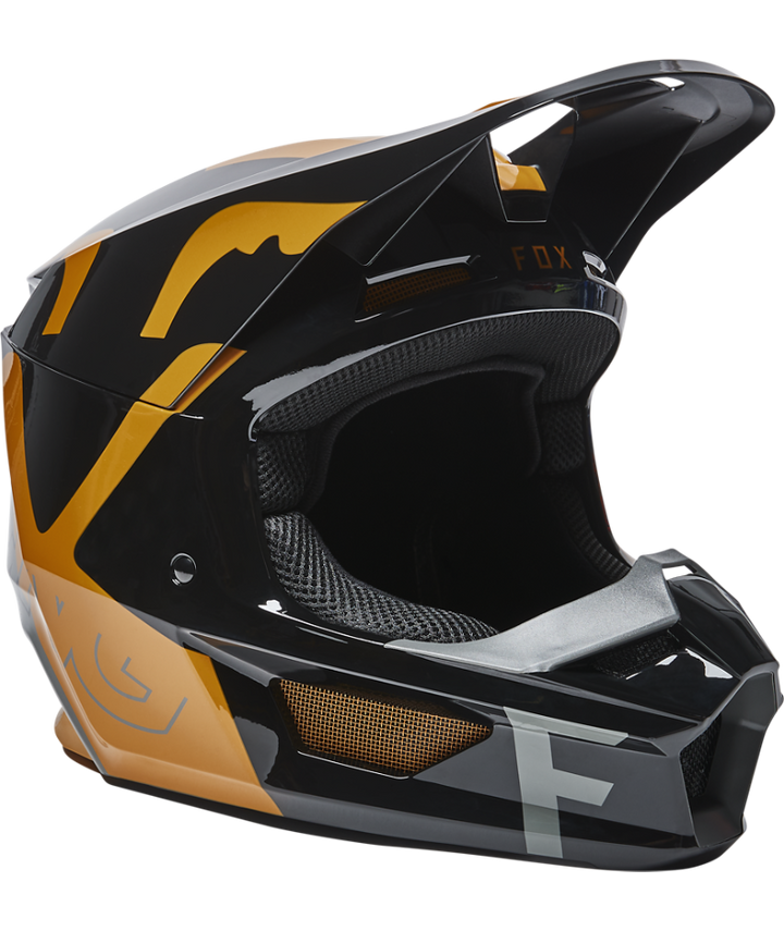 Fox Racing V1 Skew Off Road Helmet Black/Gold - Front Right Side View