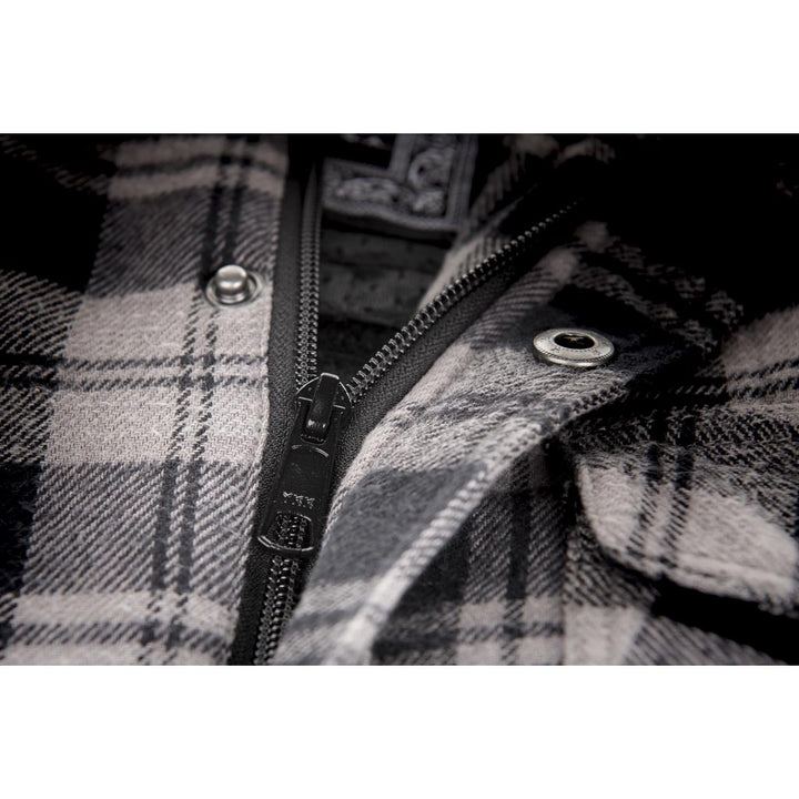 Highway 21 Marksman Flannel Black/Grey - Close-Up of Partially Unzipped Front Zipper