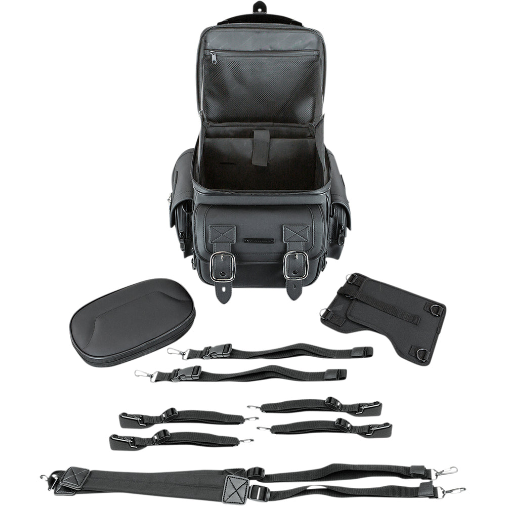 SADDLEMEN BR1800D Sissy Bar Bag - Front View with Top Section Open and Extra Straps Displays