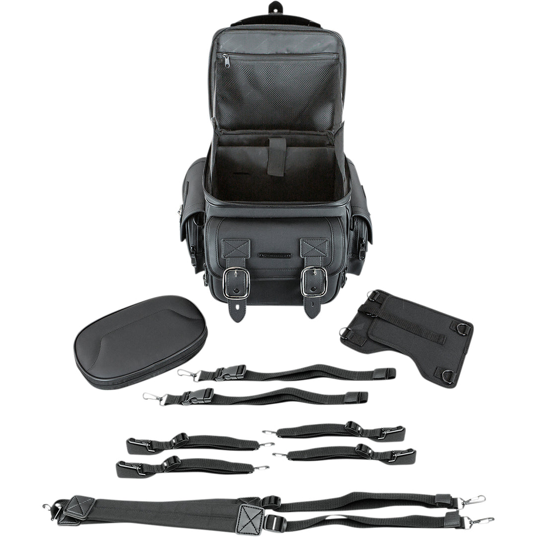SADDLEMEN BR1800D Sissy Bar Bag - Front View with Top Section Open and Extra Straps Displays
