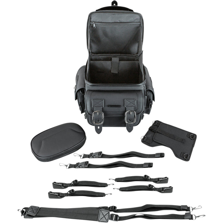SADDLEMEN BR1800D Sissy Bar Bag - Front View with Top Section Open and Extra Straps Displays