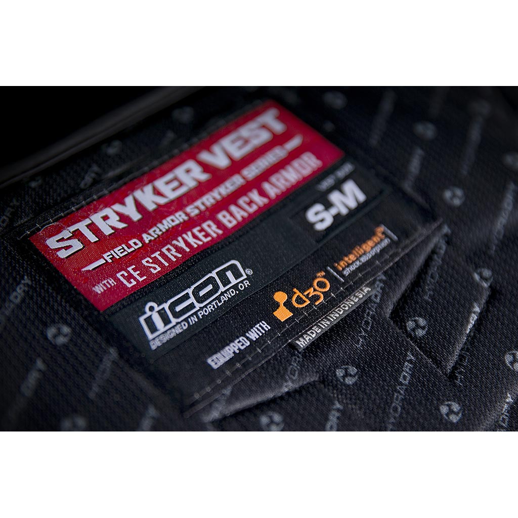 ICON Stryker Vest Yel - Close-Up of Label and Size Tag
