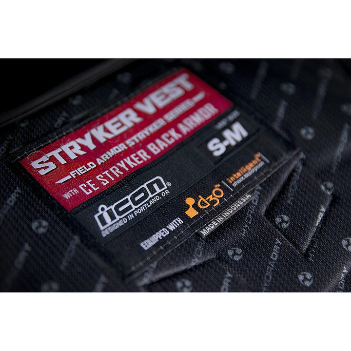 ICON Stryker Vest Yel - Close-Up of Label and Size Tag
