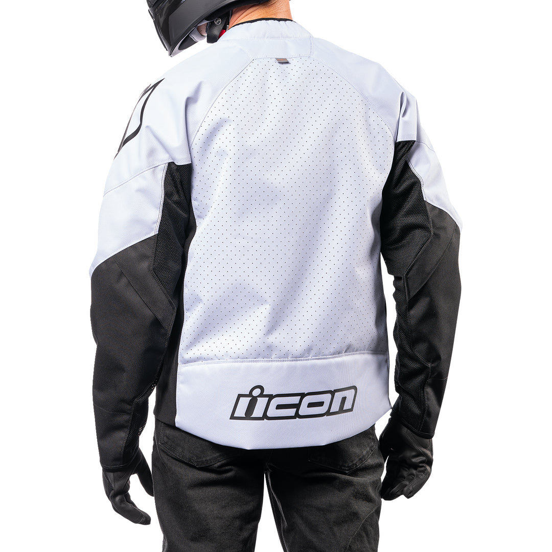 ICON Hooligan™ CE Jacket White - Rear View of Model Posing in Jacket