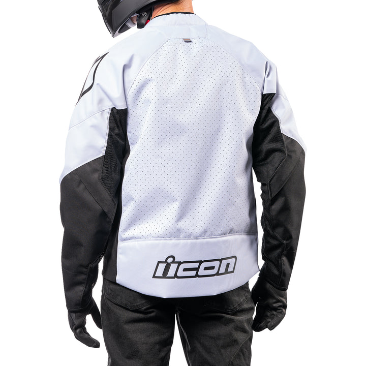 ICON Hooligan™ CE Jacket White - Rear View of Model Posing in Jacket