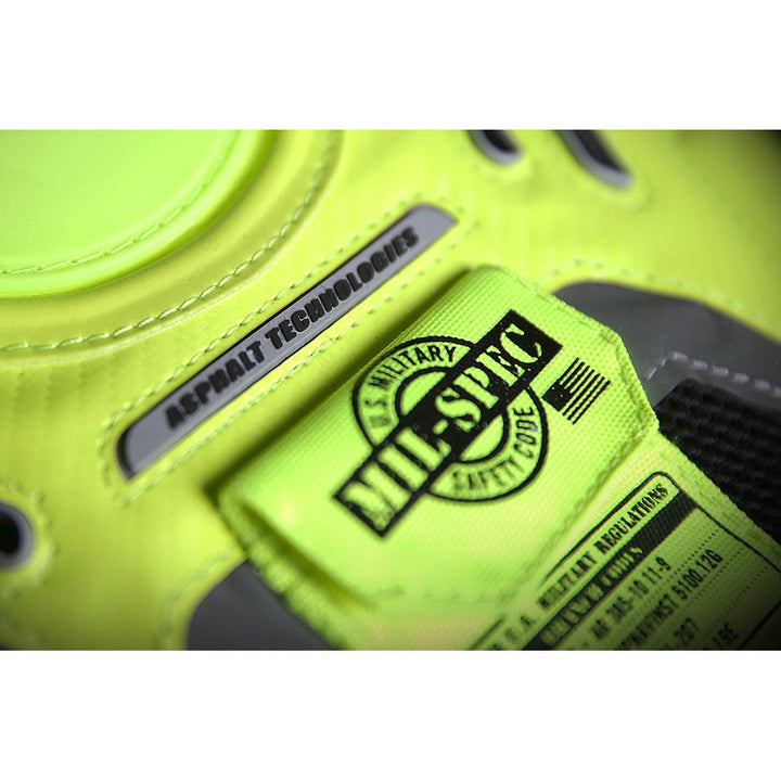 ICON Stryker Vest Yel - Close-Up of "Asphalt Technologies" Graphic Under Chest Plate