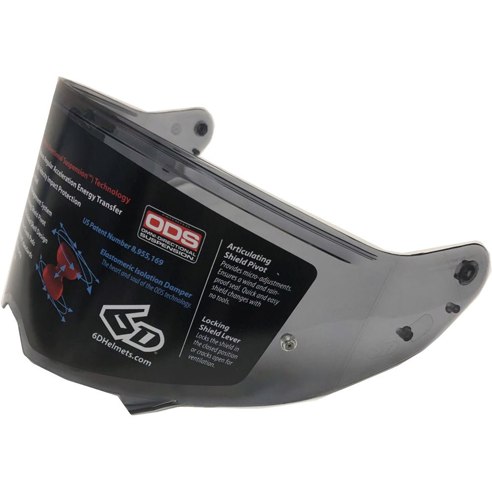 6D Helmets ATS-1 Helmet Pinlock Lens Light Smoke - Front Side View with Sticker on Front