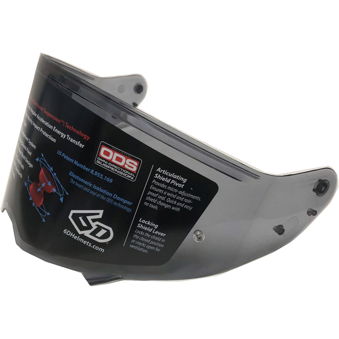 6D Helmets ATS-1 Helmet Pinlock Lens Light Smoke - Front Side View with Sticker on Front