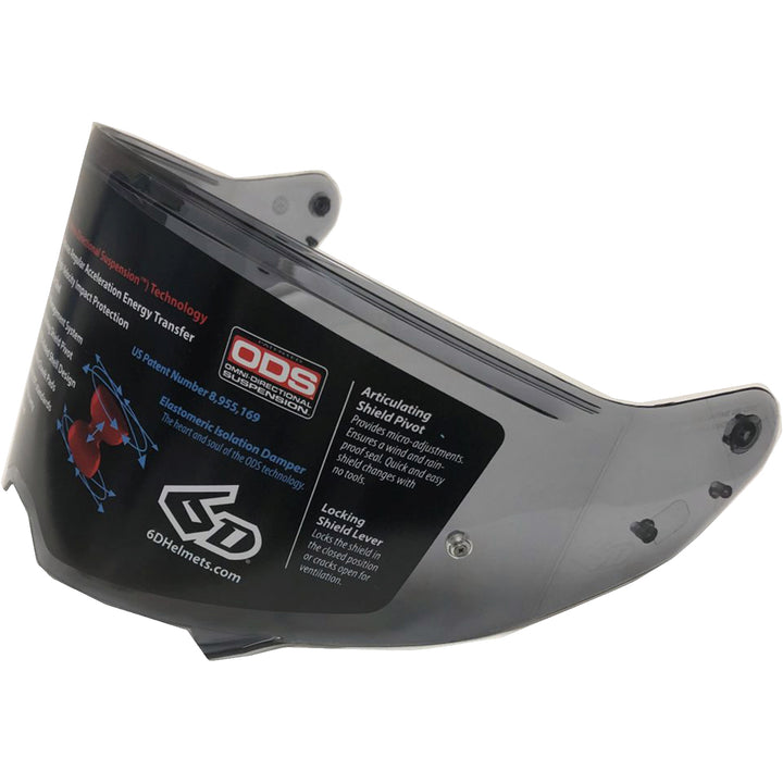 6D Helmets ATS-1 Helmet Pinlock Lens Light Smoke - Front Side View with Sticker on Front