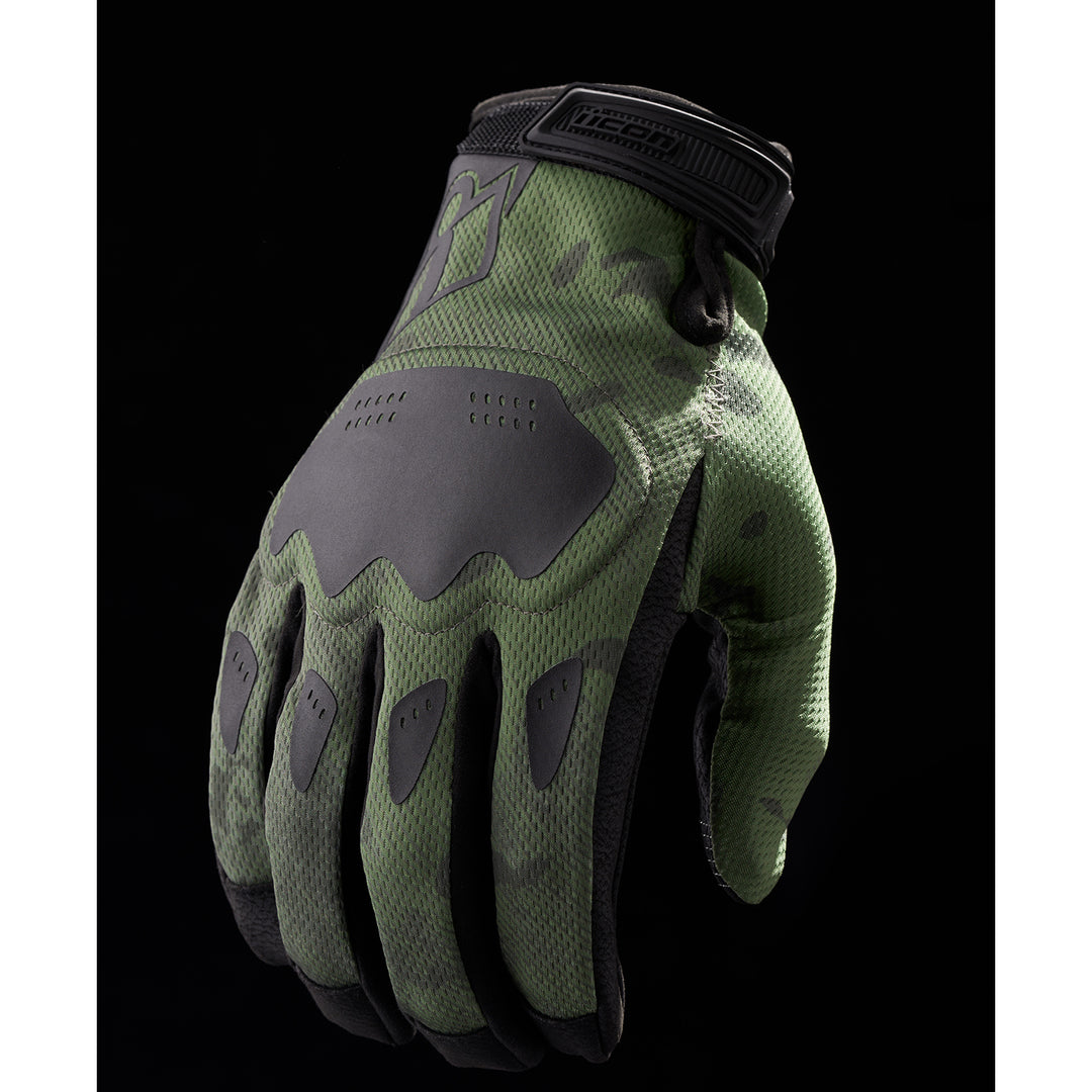 ICON Hooligan CE Gloves Green Camo - Back of Hand View