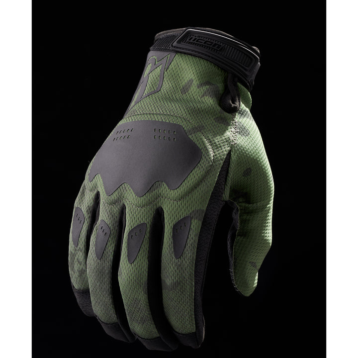 ICON Hooligan CE Gloves Green Camo - Back of Hand View