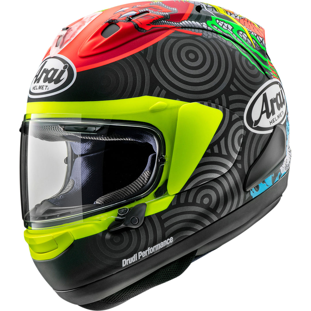arai corsair-x helmet Ducati Corse V7 by (98108536x) Air intake vents have three positions and are designed to help provide improved sealing which decreases road noise and water intrusion ARAI Helmets Corsair-X Cadalora Restyle
