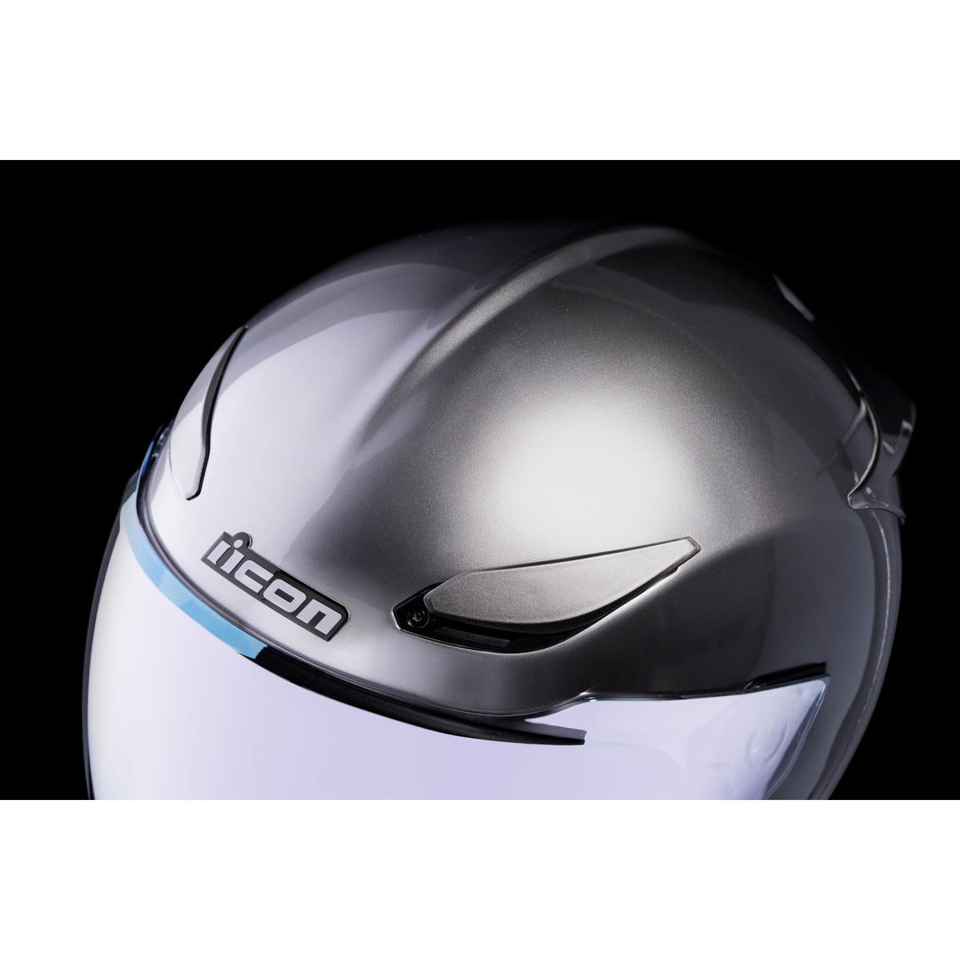 ICON Domain™ Cornelius Helmet Silver - Close-Up of Top Vents, Opened